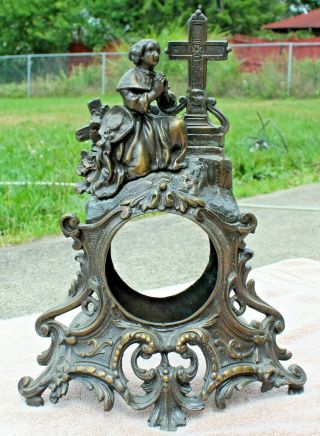 Vintage Antique Cast Spelter Brass Metal Praying Lady Religious Cross Clock Case