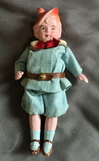 Antique All Bisque Jointed 5 " Boy Doll Made In Occupied Japan With Stand