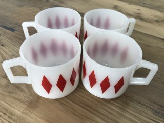 Rare Set Of 4 Fire King White With Red Diamond Pattern Cup Mug Oven Ware Usa