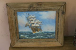 Vintage Signed Oil On Board Painting Nautical Clipper Ship Boat Framed 8 " X 10 "