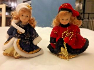 Vintage Miniature Porcelain Dolls Blonde Hair.  Blue & Red Velvet Dress Christmas