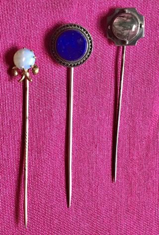 3 Antique Stick Pins: White,  Blue,  & Green; Metal 1 Gold,  2 Silver; Jeweler Case
