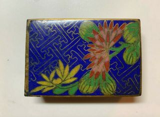 Vintage Antique Cloisonne Match Box Holder Case Blue With Flowers.  A34