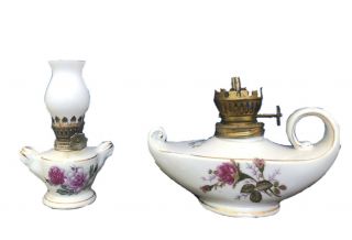 2 Vintage Antique Miniature Oil/kerosene Lamps,  Hand Painted Rose/ Flowers