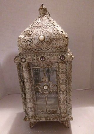 Gorgeous Jeweled Handcrafted Tabletop Lantern: Metal W/ Antique White Finish 18 "