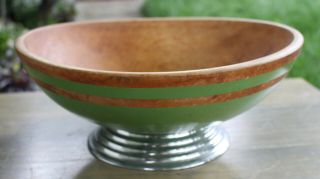 Rare Vintage Art Deco Manning - Bowman Green Painted Wood & Chrome Base Bowl 13x5 "