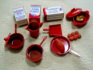 Rare Vintage Red Superior Plastic & Paper Doll House Accessories