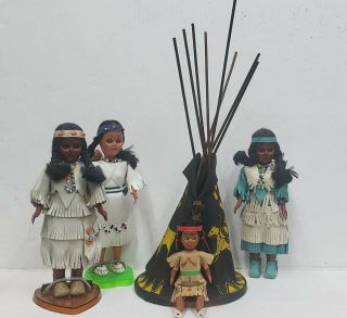 Vintage Native American Indian Leather Teepee & 4 Sleepy Eye Dolls