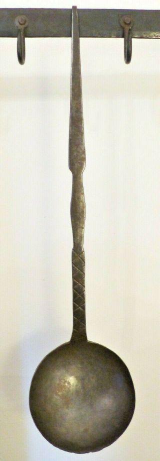 Rare Antique 18th C Hand Forged Wrought Early Iron Ladle Decorated Xx 7