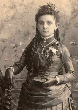 Antique Cabinet Photo Victorian Girl Long Hair Exquisite Dress Gloves Backstamp