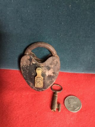 Antique Padlock,  Brass And Iron,  With Key And Script /