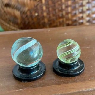 2 Antique Handmade German Banded Marbles Tinted Glass Green Blue