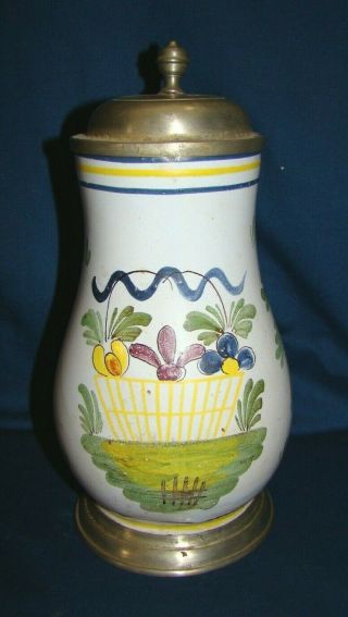 Antique German Faience & Pewter Beer Stein W/ Hand Painted Florals