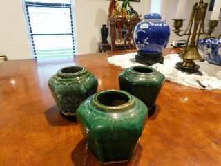Antique Chinese Green Glazed Hexagonal Ginger Jars With Floral Design