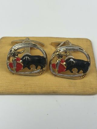 Vintage Matador Bull Fighting Cufflinks Gold Tone Red And Black