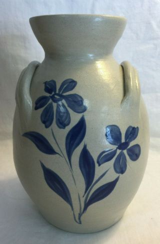 Williamsburg Ceramic Pottery Salt Glaze Double Handle Crock Vase Cobalt Design