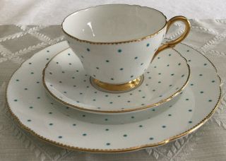 Rare Shelley Polka Dot White Turquoise 3 Piece Footed Cup,  Saucer & Plate 13497