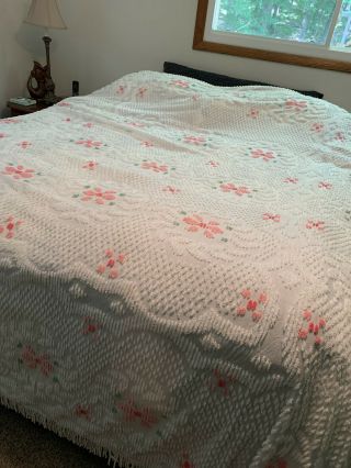 Vtg Huge Chenille Bedspread Cotton 100x110 Queen King Fringed White Pink Flower