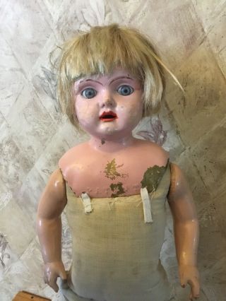 Tin Metal Head Glass Eyes 19 " Antique Doll Marked 5 Vintage