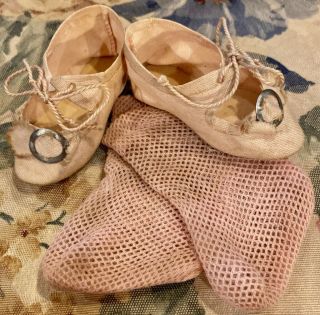 Antique French Cloth Shoes & Stockings W/metal Buckles For Antique Bisque Dolls