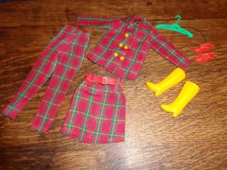 Vintage Barbie Sized Clone Plaid Skirt Jacket Pants Outfit Yellow Boots Red Shoe