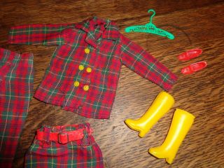 VINTAGE BARBIE SIZED CLONE PLAID SKIRT JACKET PANTS OUTFIT YELLOW BOOTS RED SHOE 2