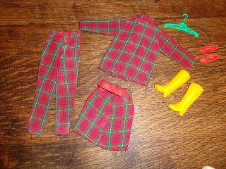 VINTAGE BARBIE SIZED CLONE PLAID SKIRT JACKET PANTS OUTFIT YELLOW BOOTS RED SHOE 3