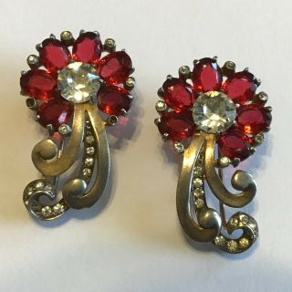 Rare Matching Vintage Art Deco Sterling Silver Red & Clear Rhinestsone Fur Clips