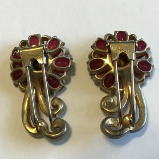 RARE MATCHING VINTAGE ART DECO STERLING SILVER RED & CLEAR RHINESTSONE FUR CLIPS 2