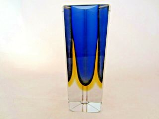 Poli Seguso Era Murano Block Cut Sommerso Blue & Amber Glass Vase Rare Shape