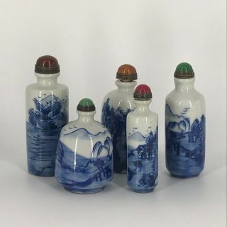 Antique Vtg Chinese Miniature Blue Glaze Porcelain Snuff Bottle Wood Stand 20th