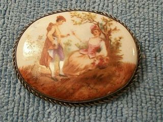 Vintage Antique Hand Painted Oval Sterling Silver Courting Couple Brooch/pendant