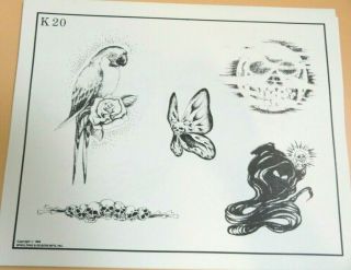 Vintage 1982 Rare Spaulding & Rogers Tattoo Flash Sheet K20 Skull Butterfly