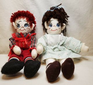 Vintage Handmade Ragdolls Boy And Girl With Embroidered Face And Yarn Hair 14 "