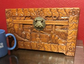 Vintage Hand - Carved Chinese Wooden Treasure Chest Jewelry Storage Box