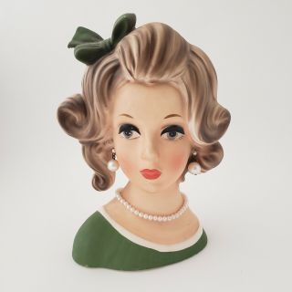 Vintage Rare C - 8500 Napco Japan 7 " Lady Head Vase Large,  Green,  Pearl Jewelry