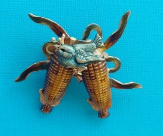 Vintage? Rare Indian Corn With Blue Bird Resting On Top Pin Brooch