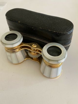 Antique Mother Of Pearl Opera Glasses & Leather Case