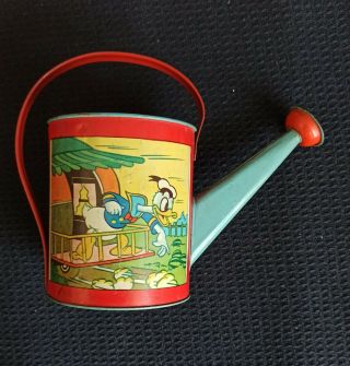 Rare 1938 Walt Disney Ent.  & Ohio Art Co.  Donald Duck Watering Can Litho Tin Toy