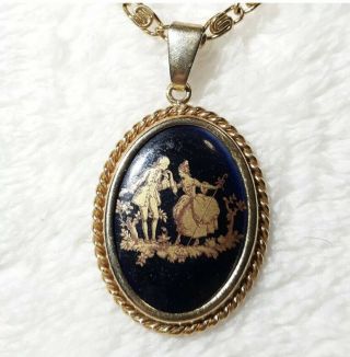 Rare Antique - Gorgeous Blue & Gold Limoges France Pendant Necklace Oval