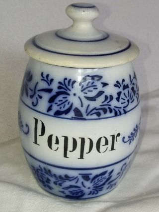 Antique Flow Blue Onion " Pepper " Spice Jar/cannister With Lid,  Germany.