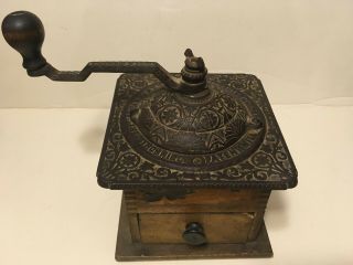 Antique Coffee Grinder Logan & Strobridge Patent Mill Wood Case Cast Iron