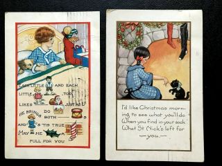 2 Antique Whitney Christmas 1922 & 1926 Children Toys Cats Postcards Aafa