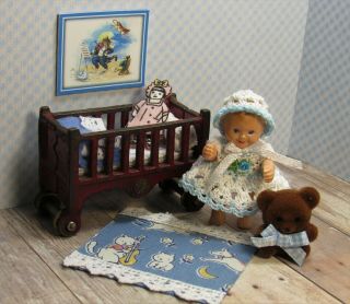 Kilgore Cast Iron Crib W/ Renwal Baby,  Vintage Dollhouse Furniture 1:16