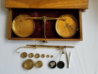 Antique Vintage Miner Jeweler Scale With Weights Wood Box