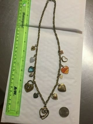 Vintage Necklace With 12 Hearts And A Small Locket,  2 Hearts Are 14k Gold