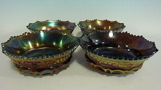 4 Antique Northwood Grape & Cable Amethyst Gold Carnival Luster Berry Bowls