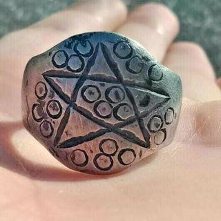 Rare Legionary Ancient Late Roman Silvered Carved Pentagram Ring