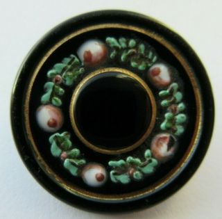 Stunning Antique Vtg Victorian Black Glass Button W/ Enamel Rose Flowers (r)