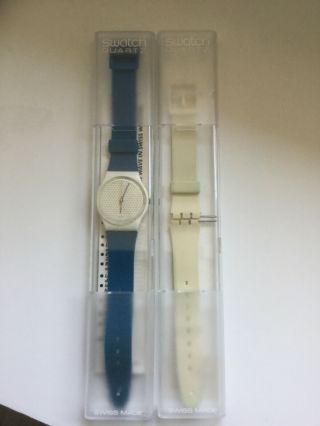 Vintage Swatch Watch 80s White With Blue Dots Men 